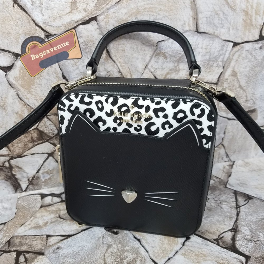 Daisy Vanity Crossbody Meow Cat Leather Bag Top Handle Purse Black Kate spade - Picture 1 of 9